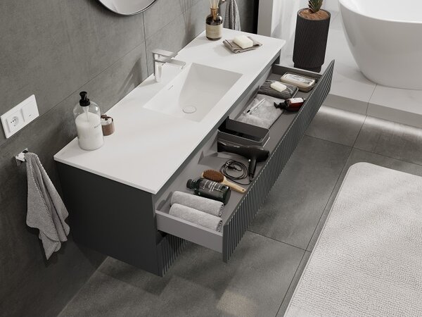 Mexen Rivel, mobilier de baie 140 cm cu lavoar Otis, 2 sertare, canelat, grafit mat/alb mat, 91A20-14047-2-BFF66-W18M