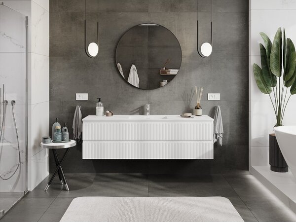 Mexen Rivel, mobilier de baie 160 cm cu lavoar Otis, 2 sertare, canelat, alb mat, 91A20-16047-2-BFF01-W18M01