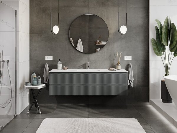 Mexen Rivel, mobilier de baie 160 cm cu lavoar Otis, 2 sertare, canelat, grafit mat/alb mat, 91A20-16047-2-BFF66-W18M