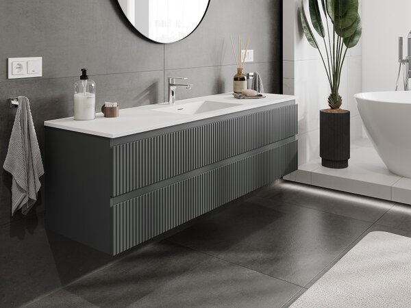 Mexen Rivel, mobilier de baie 160 cm cu lavoar Otis, 2 sertare, canelat, grafit mat/alb mat, 91A20-16047-2-BFF66-W18M