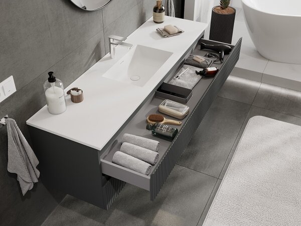 Mexen Rivel, mobilier de baie 160 cm cu lavoar Otis, 2 sertare, canelat, grafit mat/alb mat, 91A20-16047-2-BFF66-W18M