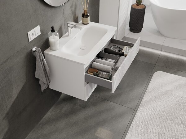 Mexen Rivel, mobilier baie 80 cm cu lavoar Vela, 2 sertare, canelat, alb mat, 91A20-08047-2-BFF01-W23M01