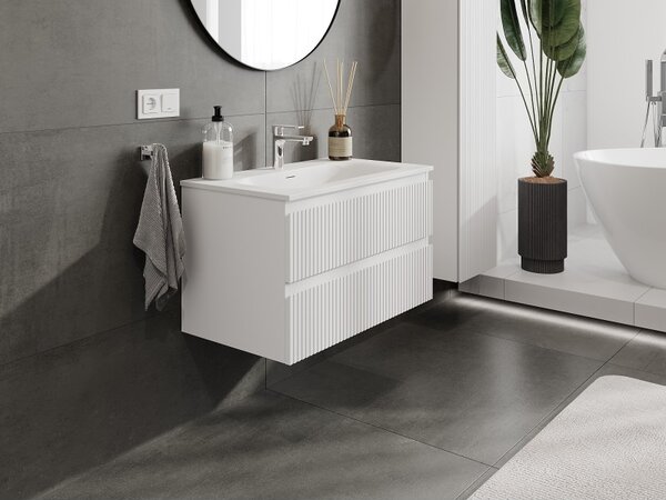 Mexen Rivel, mobilier baie 80 cm cu lavoar Vela, 2 sertare, canelat, alb mat, 91A20-08047-2-BFF01-W23M01