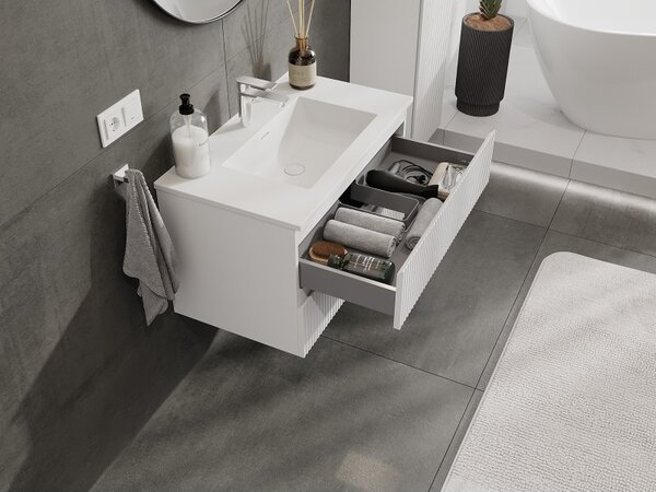 Mexen Rivel, mobilier de baie 80 cm cu lavoar Otis, 2 sertare, canelat, alb mat, 91A20-08047-2-BFF01-W18M01