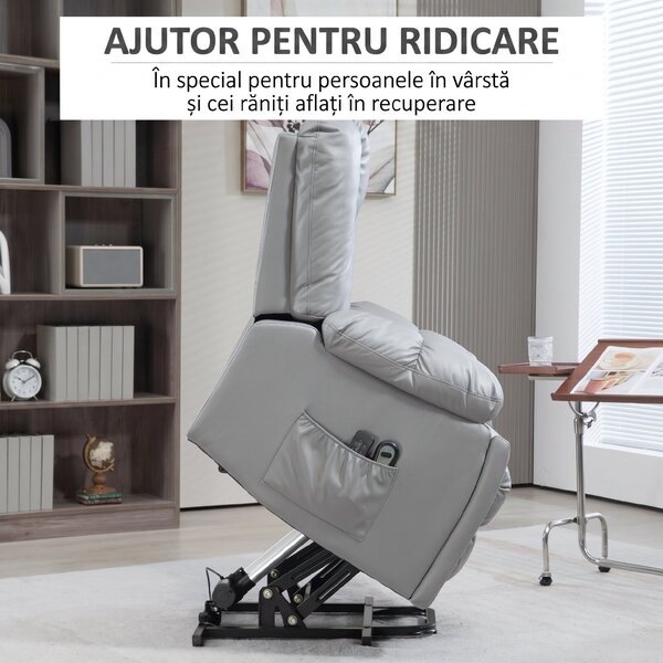 HOMCOM Scaun Electric Rabatabil cu 8 Puncte de Masaj și Telecomandă, Fotoliu Modern din Microfibră, 94x96x106 cm, Gri | Aosom Romania