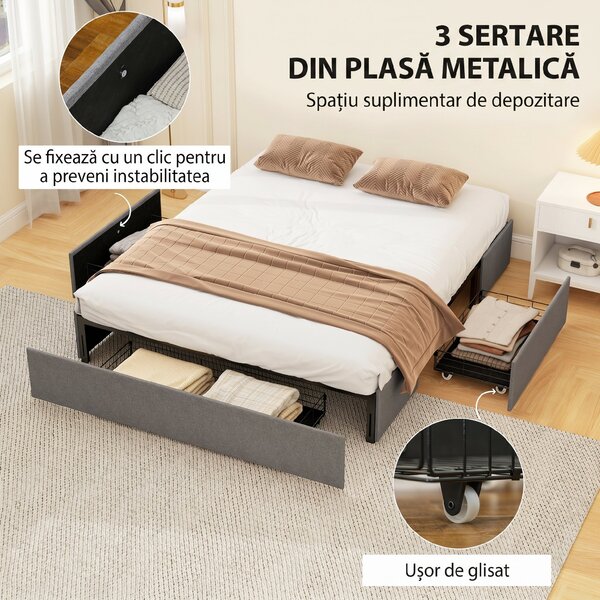HOMCOM Somieră cu spațiu de depozitare, pat tapițat compact | Aosom Romania