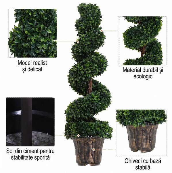 Outsunny Plantă Artificială Decorativă Buxus în Spirală cu Ghiveci Inclus, Ф32x120 cm, Verde | Aosom Romania