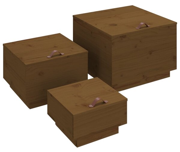 Cutii de depozitare cu capace 3 buc. maro miere lemn masiv pin