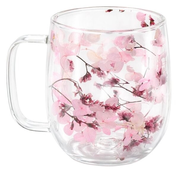 Cană cu inserție de flori uscate roz, hortensie și limonium, pereți dubli, sticlă borosilicată, 250 ml, Aurora Bloom