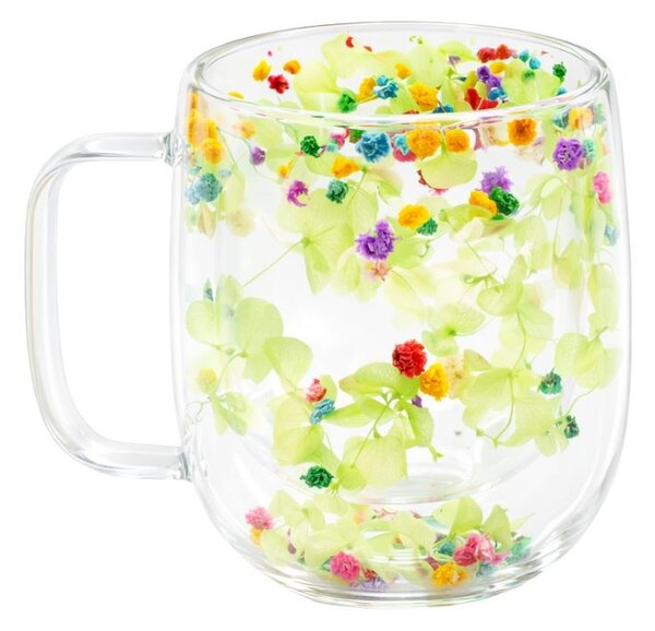 Cană cu inserție de flori uscate, hortensie verde și floarea miresei multicolor, pereți dubli, sticlă borosilicată, 250 ml, Aurora Bloom