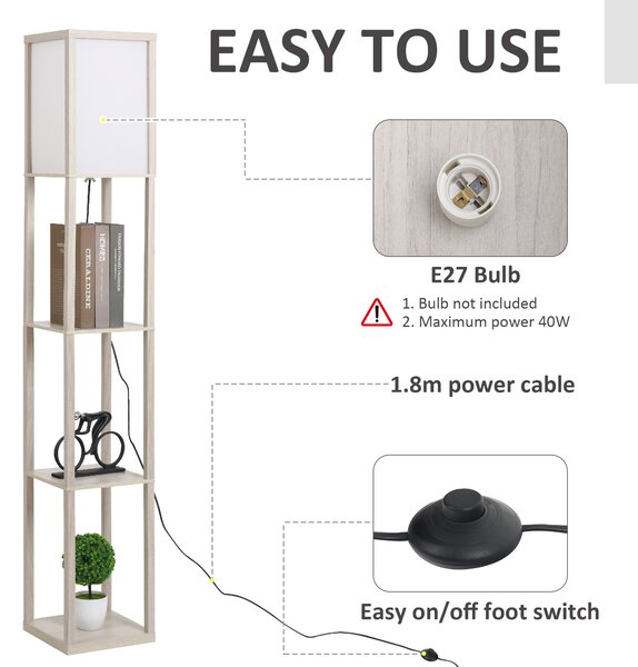HOMCOM Lampă de podea cu rafturi integrate, Suport E27, 40W, Design Modern din MDF, 26x26x160cm, Stejar | Aosom Romania