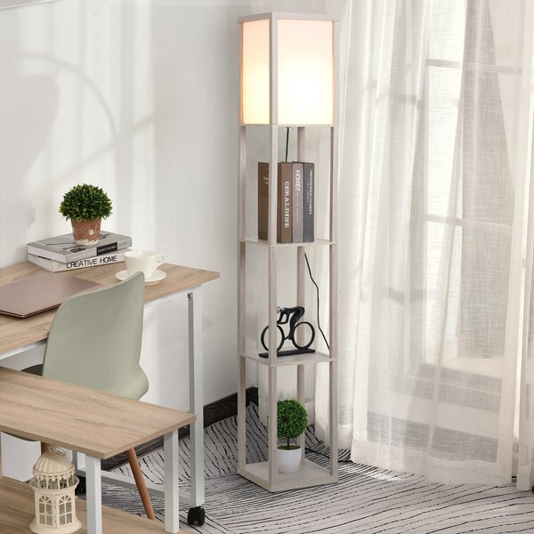 HOMCOM Lampă de podea cu rafturi integrate, Suport E27, 40W, Design Modern din MDF, 26x26x160cm, Stejar | Aosom Romania