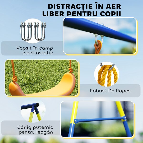 AIYAPLAY Set Leagăn de Grădină 3 în 1 pentru Copii cu Leagăn în Picioare, Inele Gimnastice, Cadru A din Oțel, Leagăne Duble pentru Copii, Capacitate 150kg, Exterior, 3-8 Ani, 285x160x181 cm | Aosom Romania