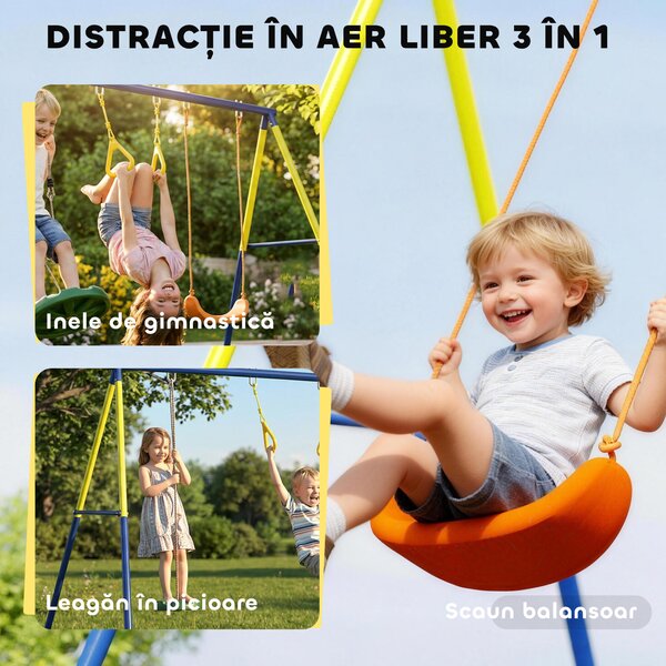 AIYAPLAY Set Leagăn de Grădină 3 în 1 pentru Copii cu Leagăn în Picioare, Inele Gimnastice, Cadru A din Oțel, Leagăne Duble pentru Copii, Capacitate 150kg, Exterior, 3-8 Ani, 285x160x181 cm | Aosom Romania