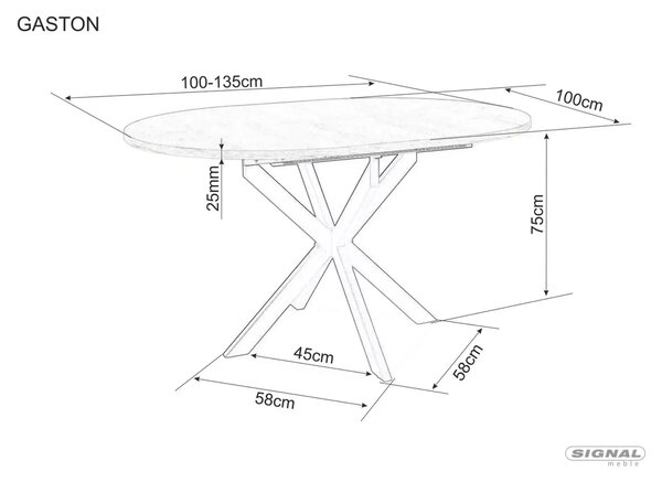 Masa extensibila GASTON, negru mat cu efect de marmura, ceramica/metal, 100/135x100x76 cm