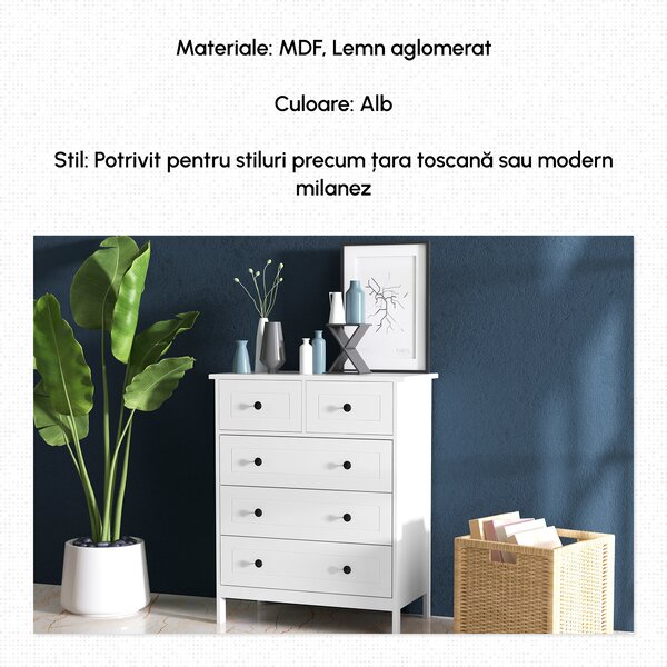 HOMCOM Comoda cu Sertare, Unitate de Organizare si Depozitare cu 5 Sertare, cu Manere, pentru Dormitor, Camera de Zi, Alb