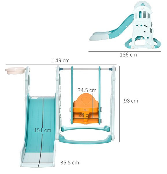 Tobogan pentru Copii HOMCOM cu Leagan Reglabil Cos de Baschet si Bile, 149x186x98cm | Aosom Romania