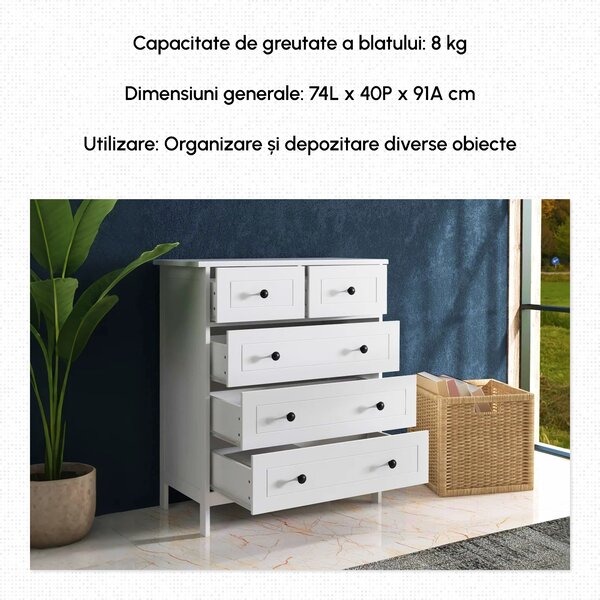 HOMCOM Comoda cu Sertare, Unitate de Organizare si Depozitare cu 5 Sertare, cu Manere, pentru Dormitor, Camera de Zi, Alb