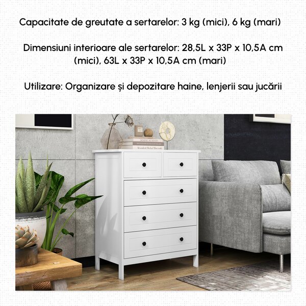 HOMCOM Comoda cu Sertare, Unitate de Organizare si Depozitare cu 5 Sertare, cu Manere, pentru Dormitor, Camera de Zi, Alb
