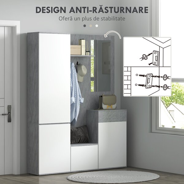 HOMCOM Mobilier 4 în 1 cu Oglindă, Cuiere și Rafturi Interioare Reglabile, Mobilier Multifuncțional, 145x29x184 cm, Gri | Aosom Romania