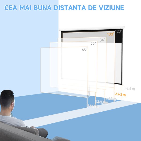 HOMCOM Ecran Proiector 100", 16:9, Montaj Perete/Tavan, Material Mat Premium, Blocare Automată, 221x124 cm, Alb | Aosom Romania