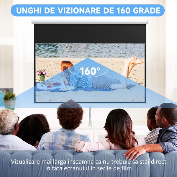 HOMCOM Ecran Proiector 100", 16:9, Montaj Perete/Tavan, Material Mat Premium, Blocare Automată, 221x124 cm, Alb | Aosom Romania