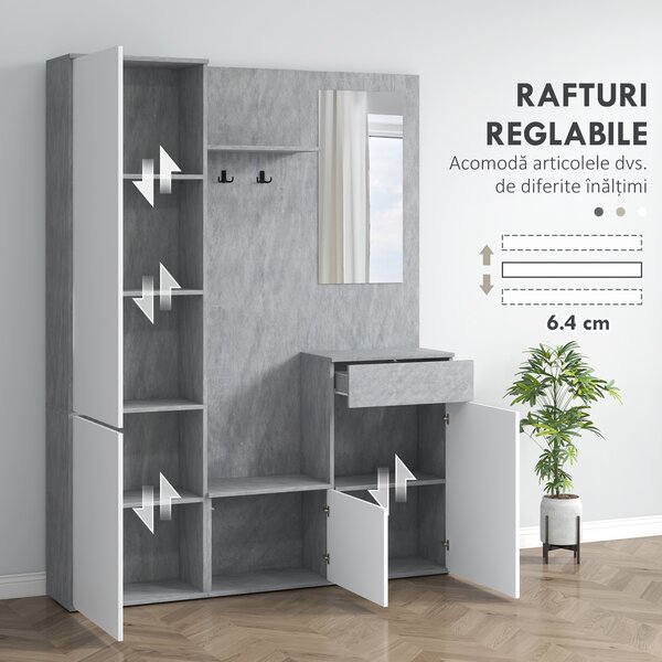 HOMCOM Mobilier 4 în 1 cu Oglindă, Cuiere și Rafturi Interioare Reglabile, Mobilier Multifuncțional, 145x29x184 cm, Gri | Aosom Romania