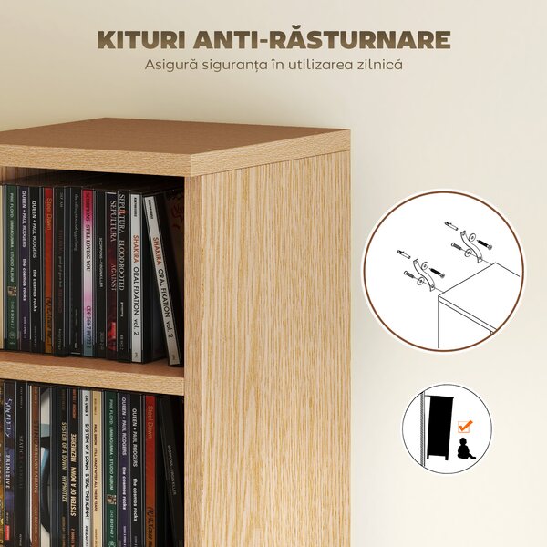 HOMCOM Set de 2 Mobili Suport CD cu Polițe Reglabile, Raft pentru 204 CD-uri Compact, Mobilier cu 12 Compartimente, pentru Living, Dormitor, Birou, 21x22,5x88,5cm, Culoare Lemn | Aosom Romania