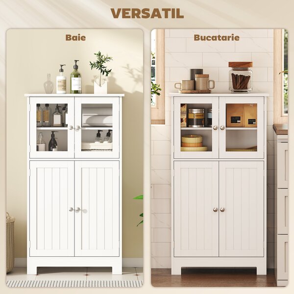 Kleankin Mobile Bagno con 2 Armadietti e Ante in Vetro, Mobiletto Bagno Salvaspazio con Ripiano Regolabile, Armadietto da Terra per Sala da Pranzo, Salotto, Soggiorno, Cucina, 60x30x108.5 cm, Bianco | Aosom Romania