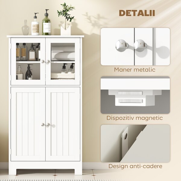 Kleankin Mobile Bagno con 2 Armadietti e Ante in Vetro, Mobiletto Bagno Salvaspazio con Ripiano Regolabile, Armadietto da Terra per Sala da Pranzo, Salotto, Soggiorno, Cucina, 60x30x108.5 cm, Bianco | Aosom Romania
