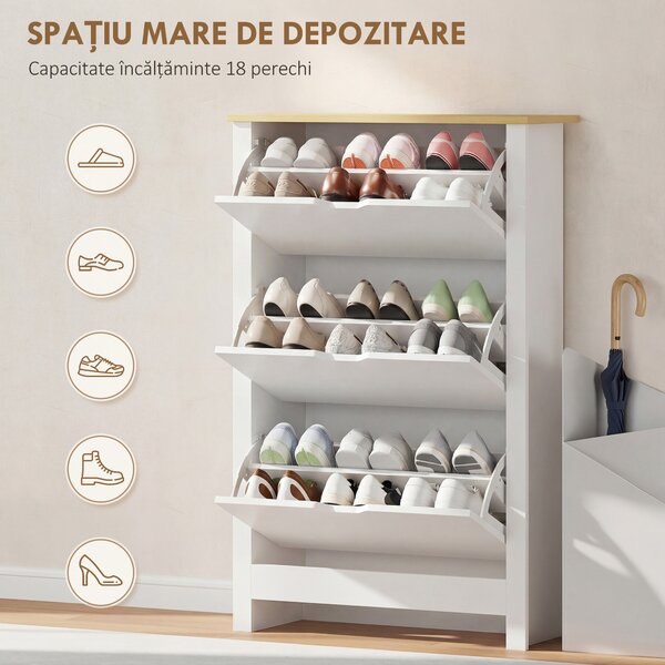 HOMCOM Dulap Slim pentru 18 Pantofi, 3 Sertare cu 2 Rafturi Reglabile Alb | Aosom Romania