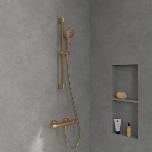Set de duș Villeroy&Boch, Universal Showers, cu bară, portsăpun, pară duș și furtun, brushed gold