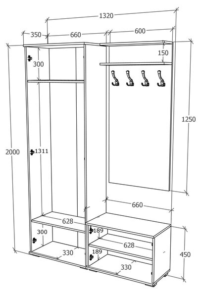 Set haaus V8, Antracit/Alb, L 132 cm