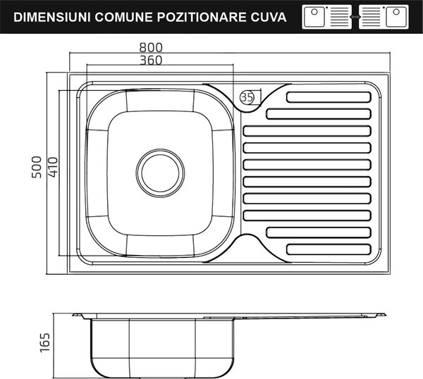 Chiuveta haaus Sanobi, 1 Cuva dreapta, Inox texturat, pe masca, 80 x 50 cm