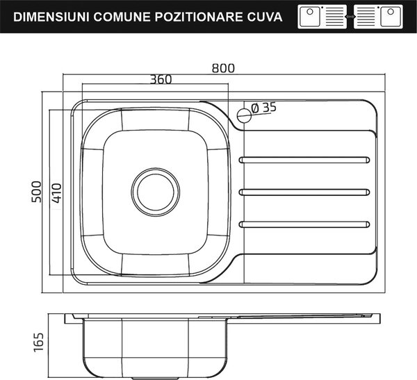 Chiuveta haaus Sanobi, 1 Cuva dreapta, Inox texturat, pe blat, 80 x 50 cm