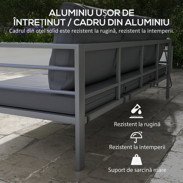 Outsunny Canapea de Grădină cu 3 Locuri cu Perne pentru Scaun și Spate, Canapea Modernă din Aluminiu și Poliester, 185x66x64 cm, Gri | Aosom Romania