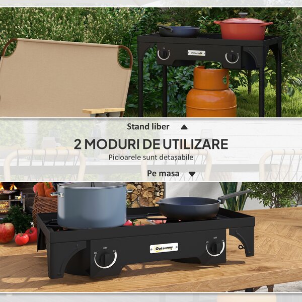 Outsunny Aragaz cu 2 Arzatoare cu Propan, 150.000 BTU de Inalta Presiune pentru Exterior pentru Gatit in Gradina, Camping, Prajire Curcani