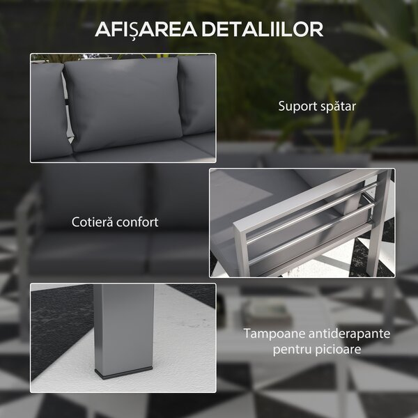 Outsunny Canapea de Grădină cu 3 Locuri cu Perne pentru Scaun și Spate, Canapea Modernă din Aluminiu și Poliester, 185x66x64 cm, Gri | Aosom Romania