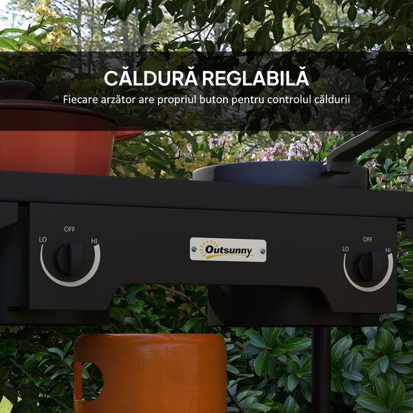 Outsunny Aragaz cu 2 Arzatoare cu Propan, 150.000 BTU de Inalta Presiune pentru Exterior pentru Gatit in Gradina, Camping, Prajire Curcani