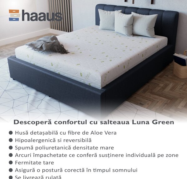 Saltea haaus Green, Aloe Vera, arcuri impachetate, husa detasabila, 90 x 200 x 20 cm