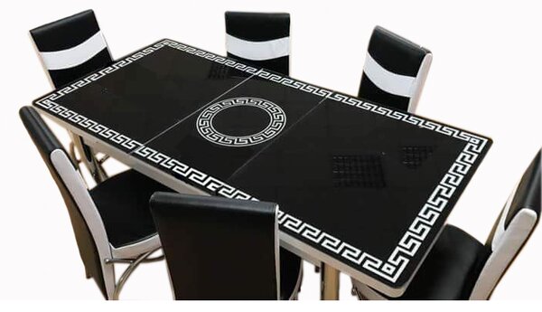 Set Masa extensibila 6 pers blat sticla+6 scaune piele eco Elt Modella,Alb negru vrsc, 170 x 80 x 70 cm, cod produs STM6SELTVRSNG
