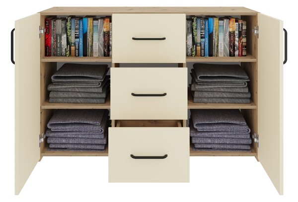 Comoda haaus Malmo, 3 Sertare, 2 Usi, Stejar Artisan/Argila, 120 x 42 x 80 cm