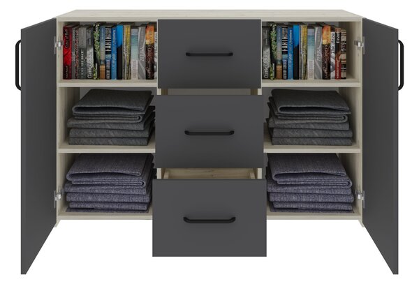 Comoda haaus Malmo, 3 Sertare, 2 Usi, Stejar Alb/Antracit, 120 x 42 x 80 cm