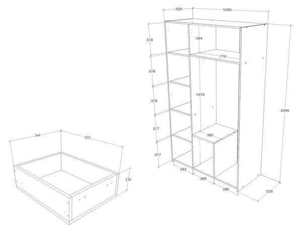 Dulap haaus Malmo, 2 Sertare, 3 Usi, cu oglinda, Stejar Alb/Antracit, 120 x 52 x 200 cm