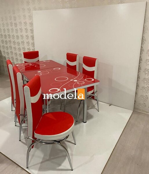 Set Masa extensibila cu 4 scaune BUBBLE pentru bucatarie rosu, 170x80x70 cm, blat sticla securizata, scaune piele eco