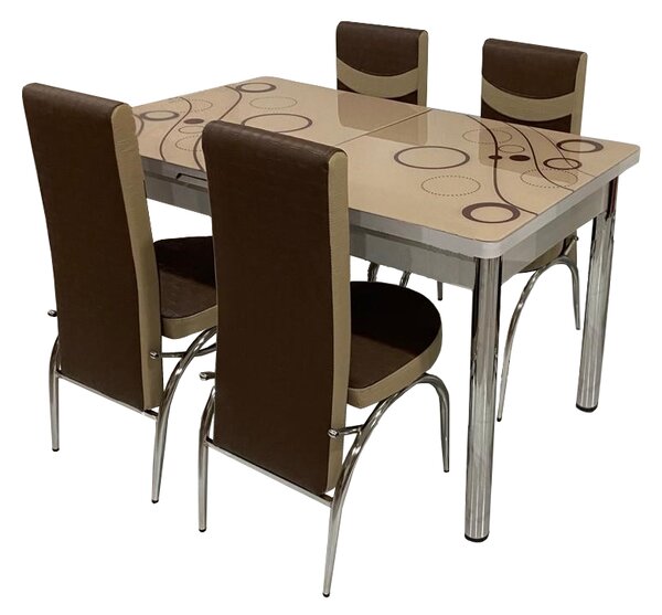 Set Masa extensibila cu 4 scaune BUBBLE pentru bucatarie capucino, 170x80x70 cm, blat sticla securizata, scaune piele eco