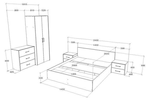 Set haaus V2, Pat 200 x 140 cm, Stejar Artisan/Argila