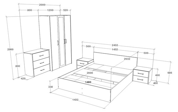 Set haaus V4, Pat 200 x 140 cm, Stejar Artisan/Argila