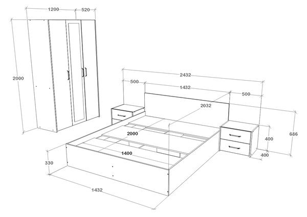 Set haaus V3, Pat 200 x 140 cm, Stejar Artisan/Argila
