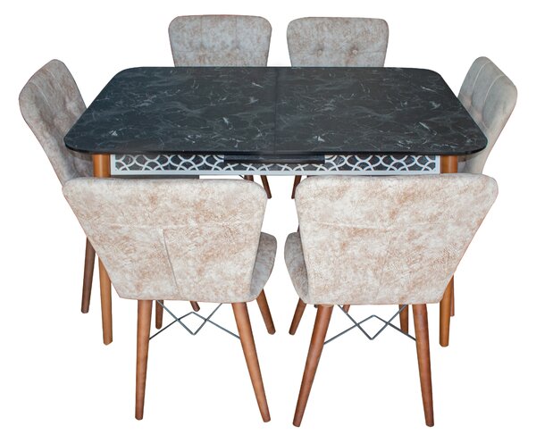 Set masa Elegant Marmura Neagra MDF picioare lemn + 6 scaune , 160x80x75 cm, blat de mdf, scaune material textil ®️